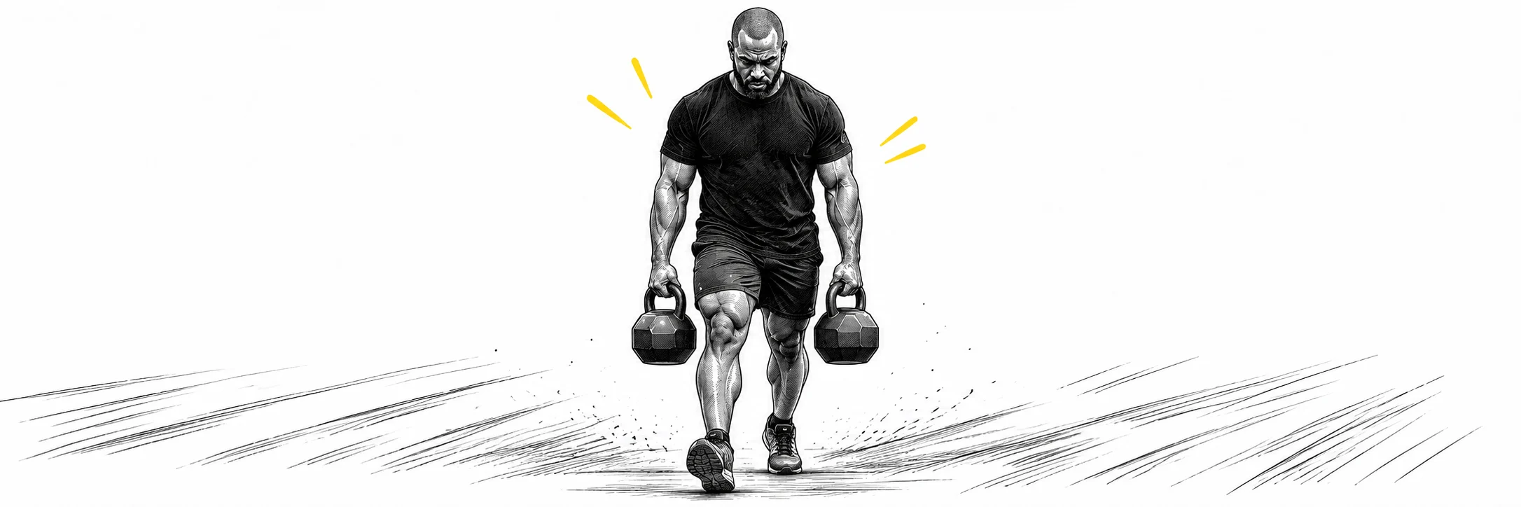 Ink illustration: Athlete carrying two kettlebells