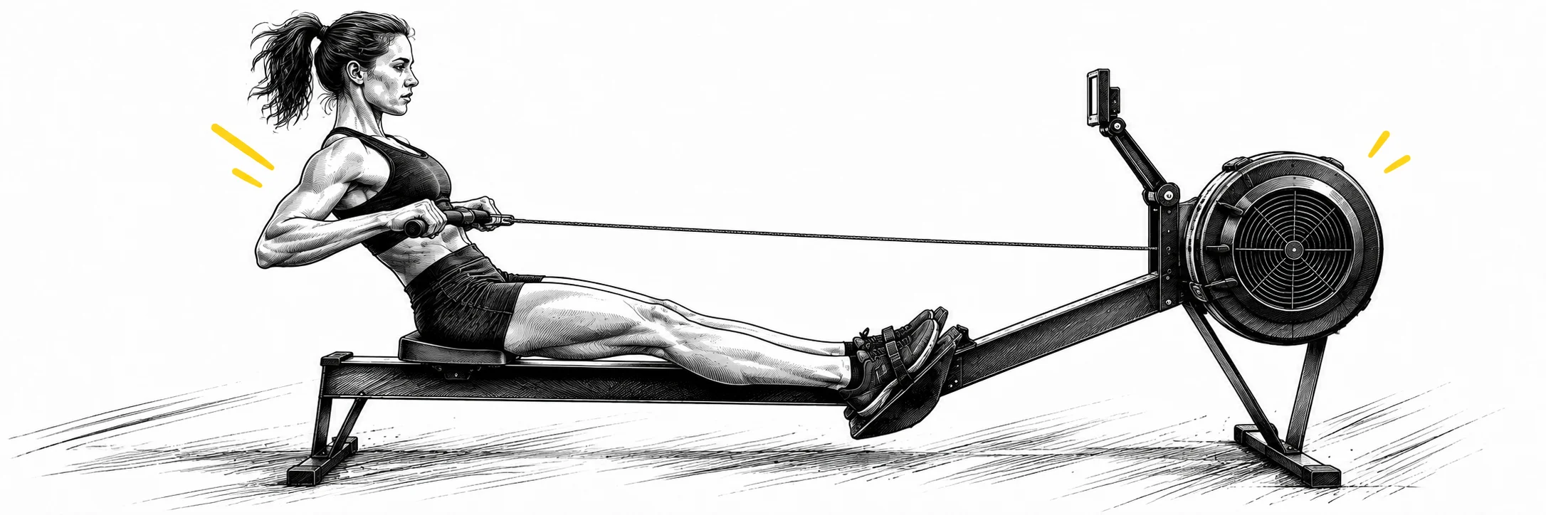 Ink illustration: Athlete on a rowing machine
