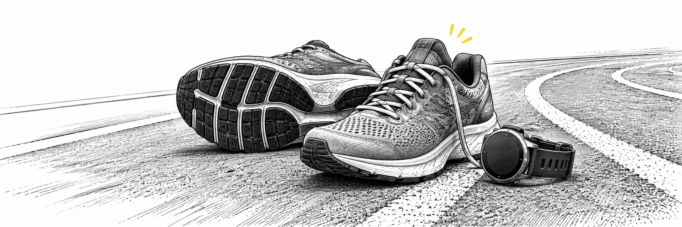 Ink illustration: Running shoes and a sports watch beside a track