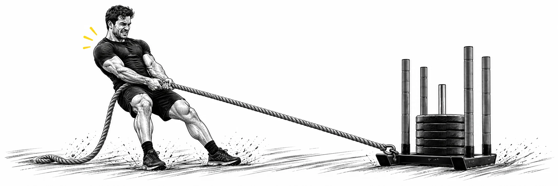 Ink illustration: Athlete pulling a weighted sled with a rope