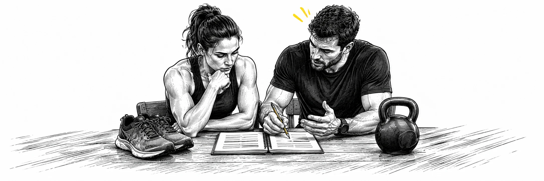 Ink illustration: Coach and athlete reviewing a training notebook