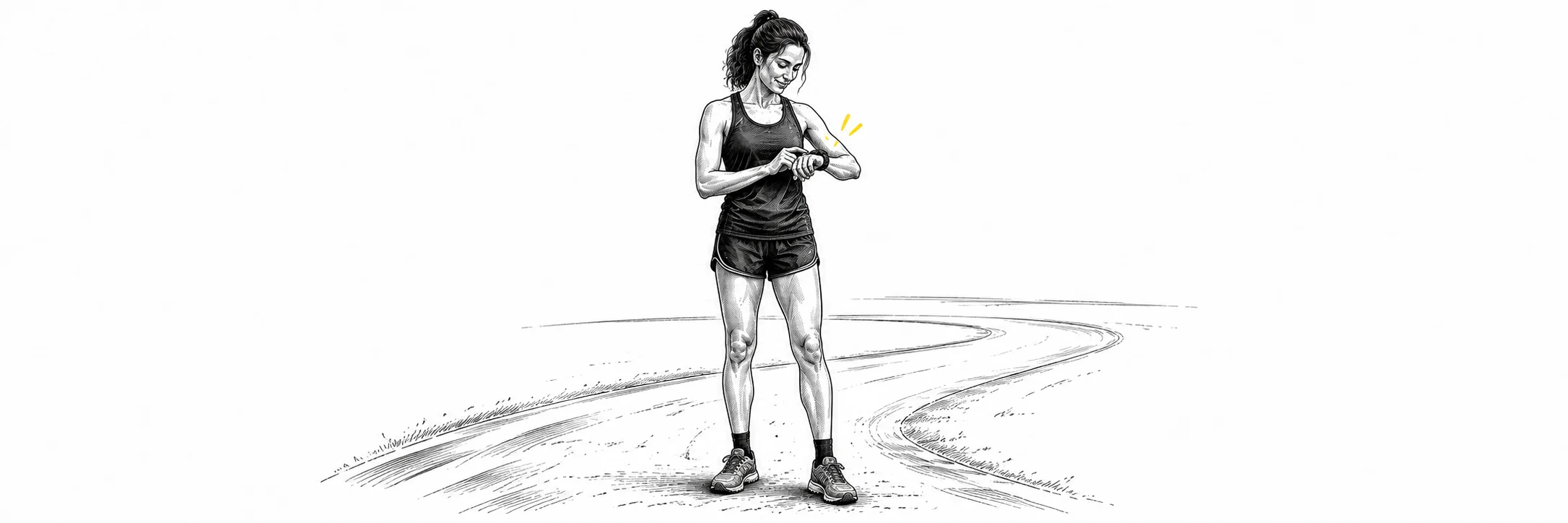 Ink illustration: Runner checking her sports watch