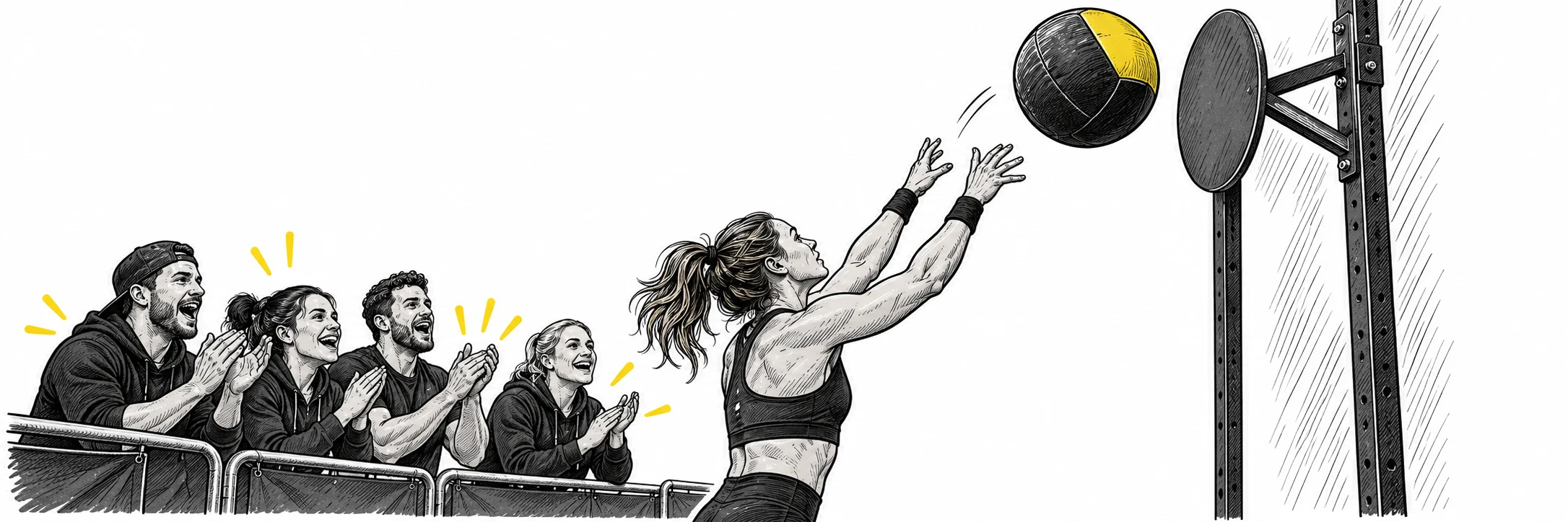 Ink illustration: Athlete throwing a wall ball toward a target with spectators cheering