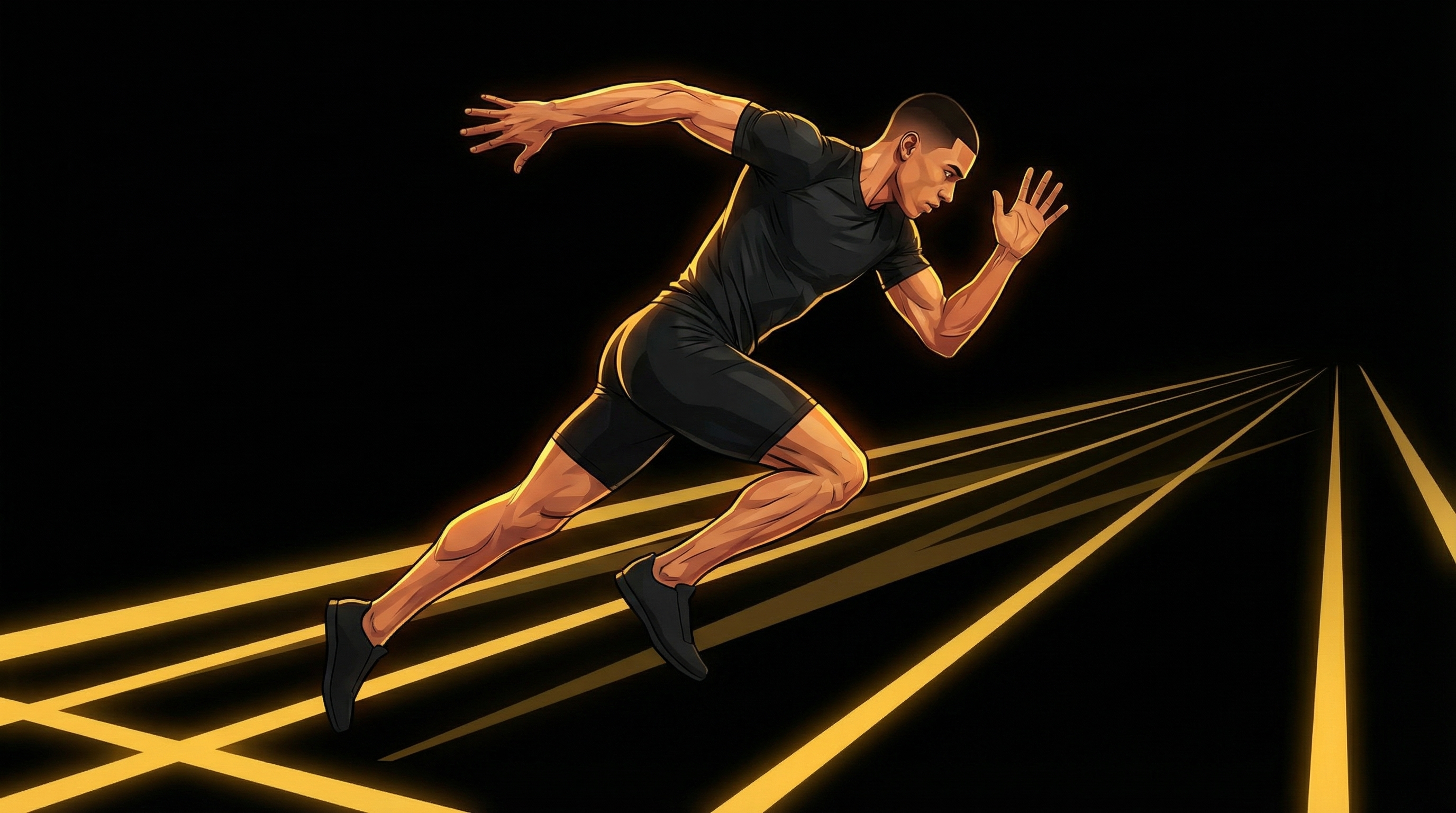 Male athlete accelerating into sprint on golden-lit track, low forward lean with arms pumping and legs driving
