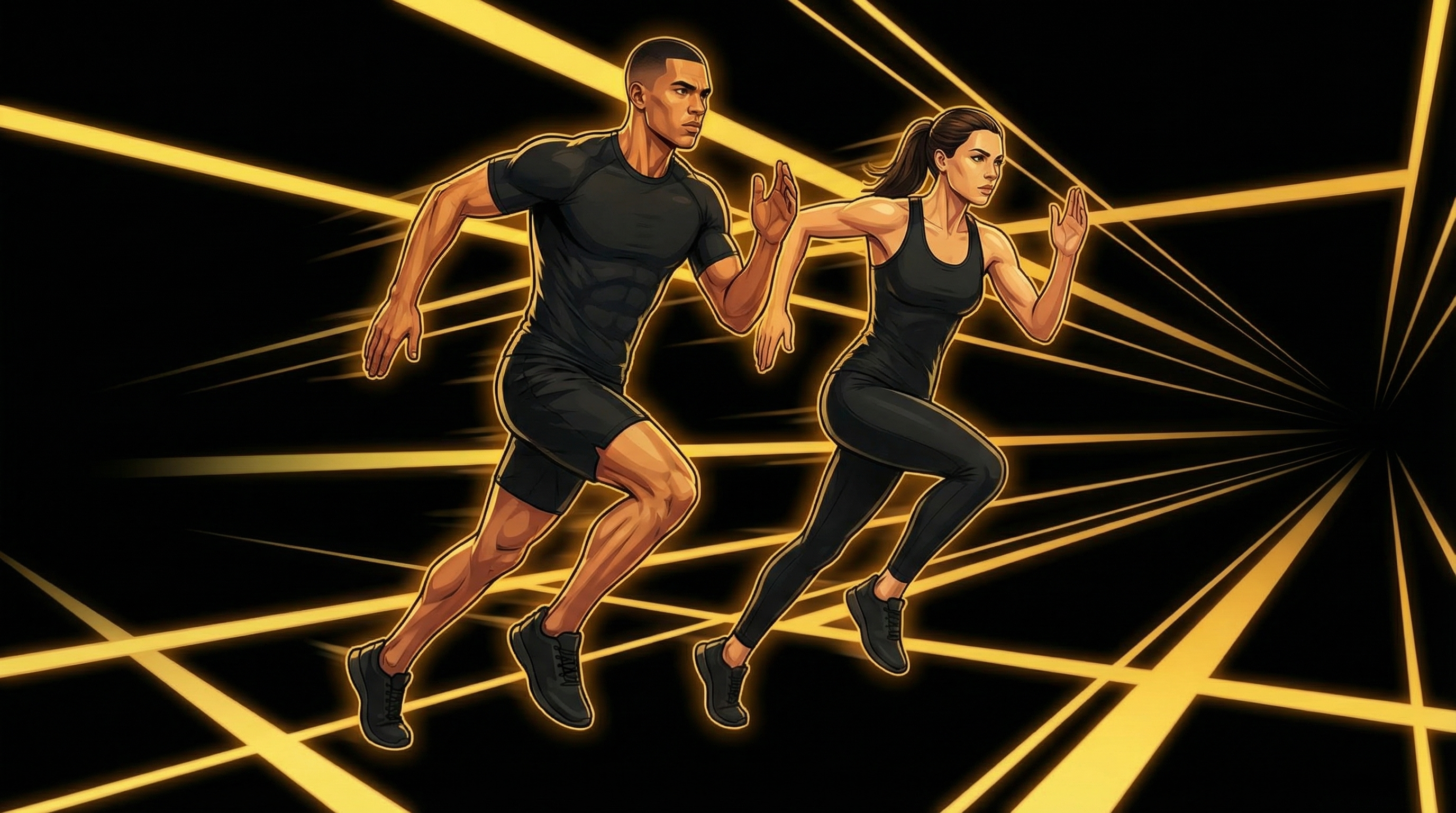 Male and female athletes sprinting side by side in HYROX doubles formation, synchronized stride with golden neon rays behind