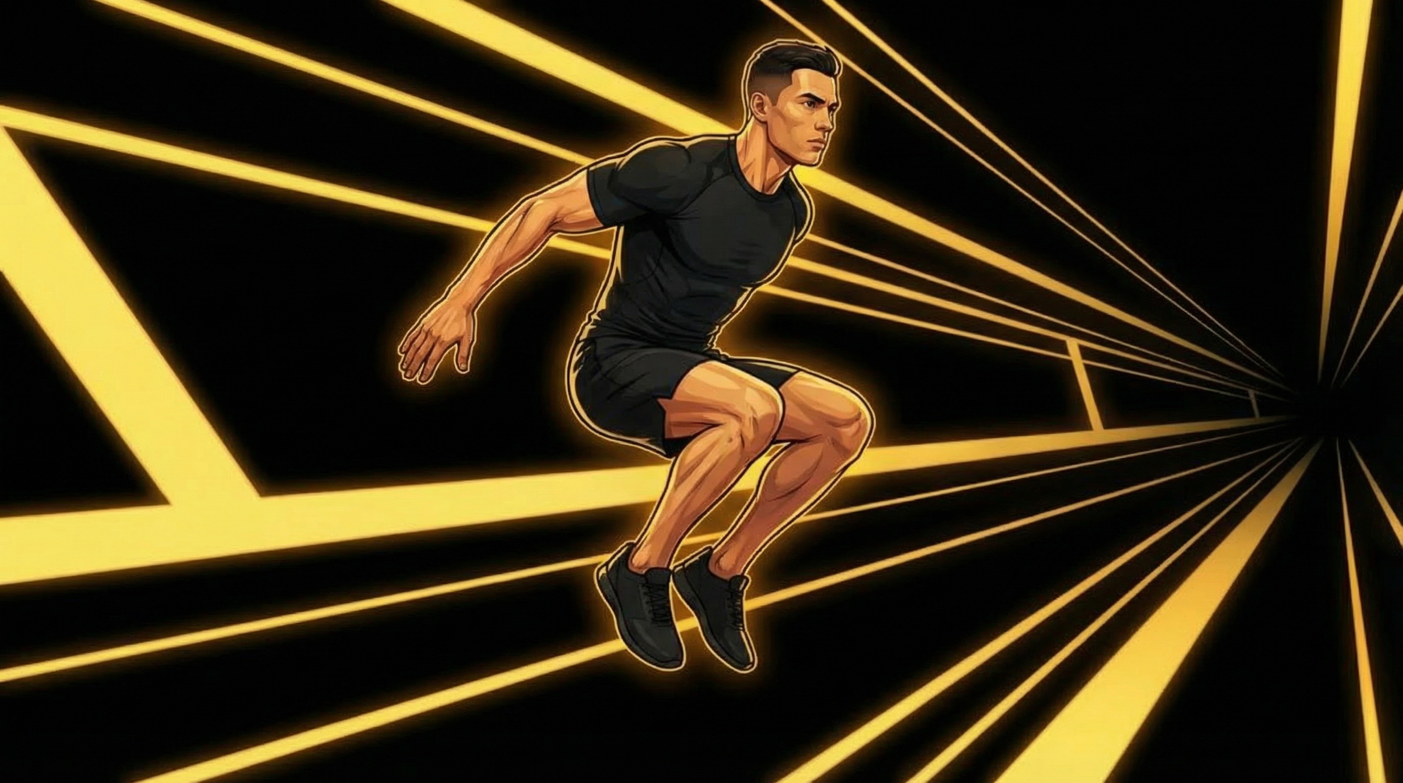 Male athlete in mid-air tuck jump phase of burpee broad jump, knees drawn up with explosive forward momentum and golden rays