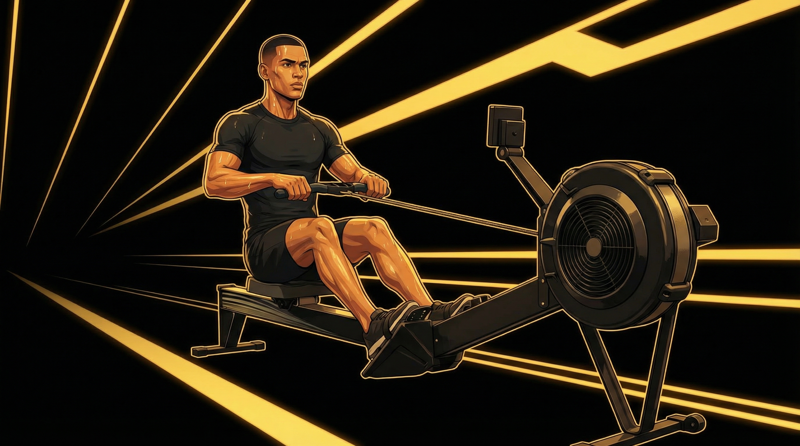 Male athlete on rowing ergometer mid-stroke, strong pull position with legs locked out and handle at sternum