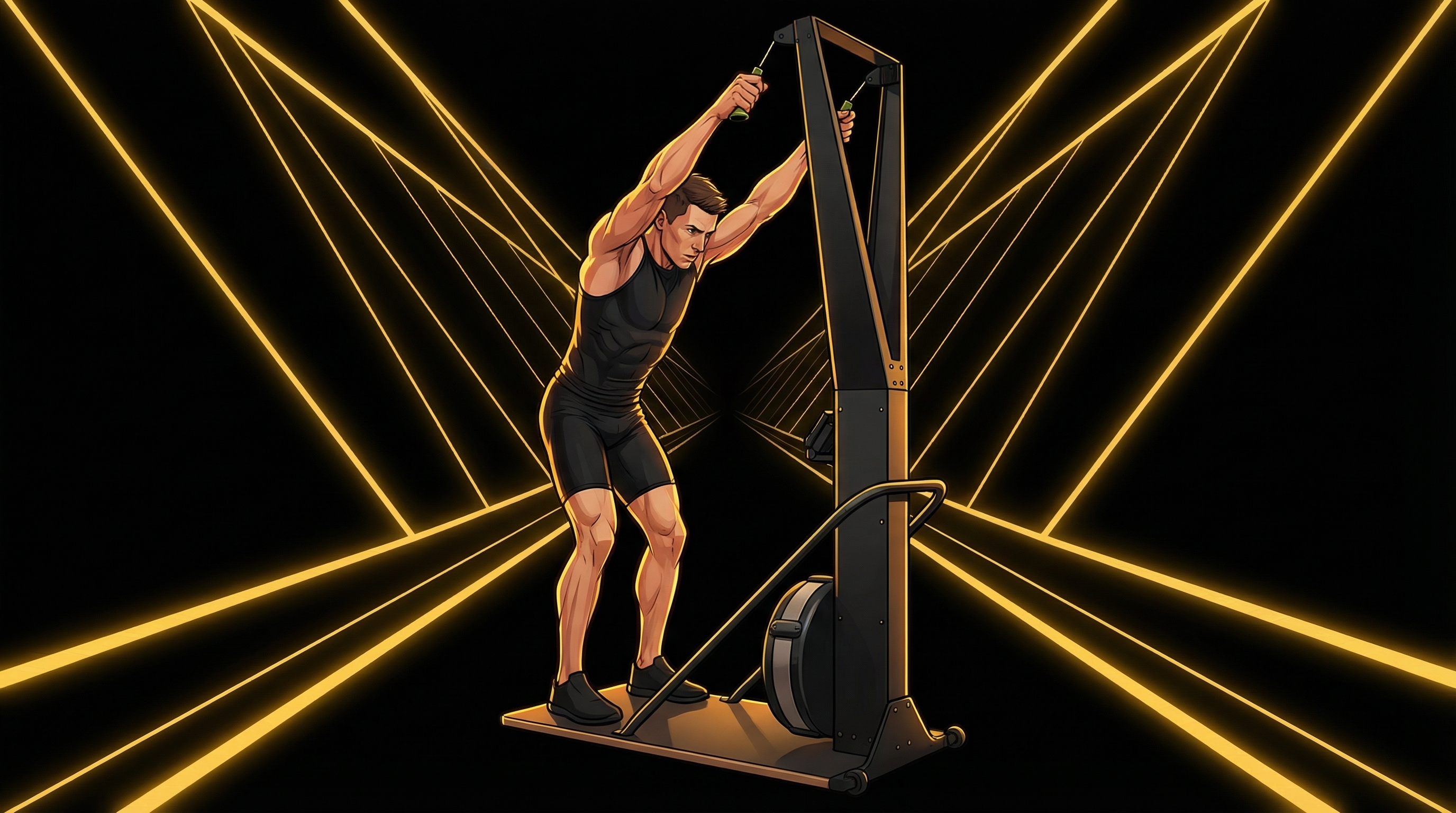 Muscular male athlete powering through SkiErg pulls with visible arm definition, gold neon rays radiating behind