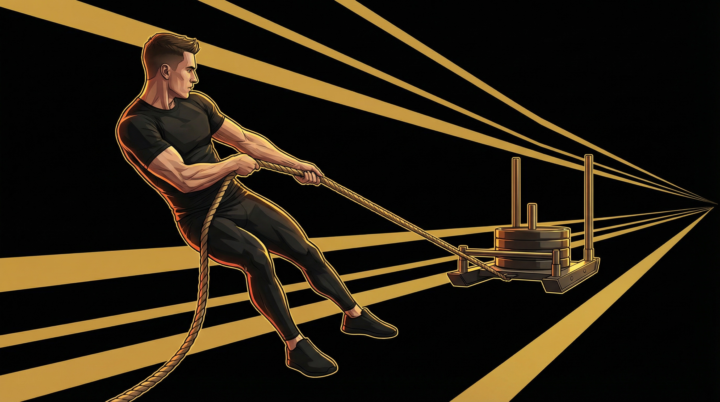 Male athlete pulling weighted sled with thick rope in athletic leaning-back stance, sled visible in background with golden rays
