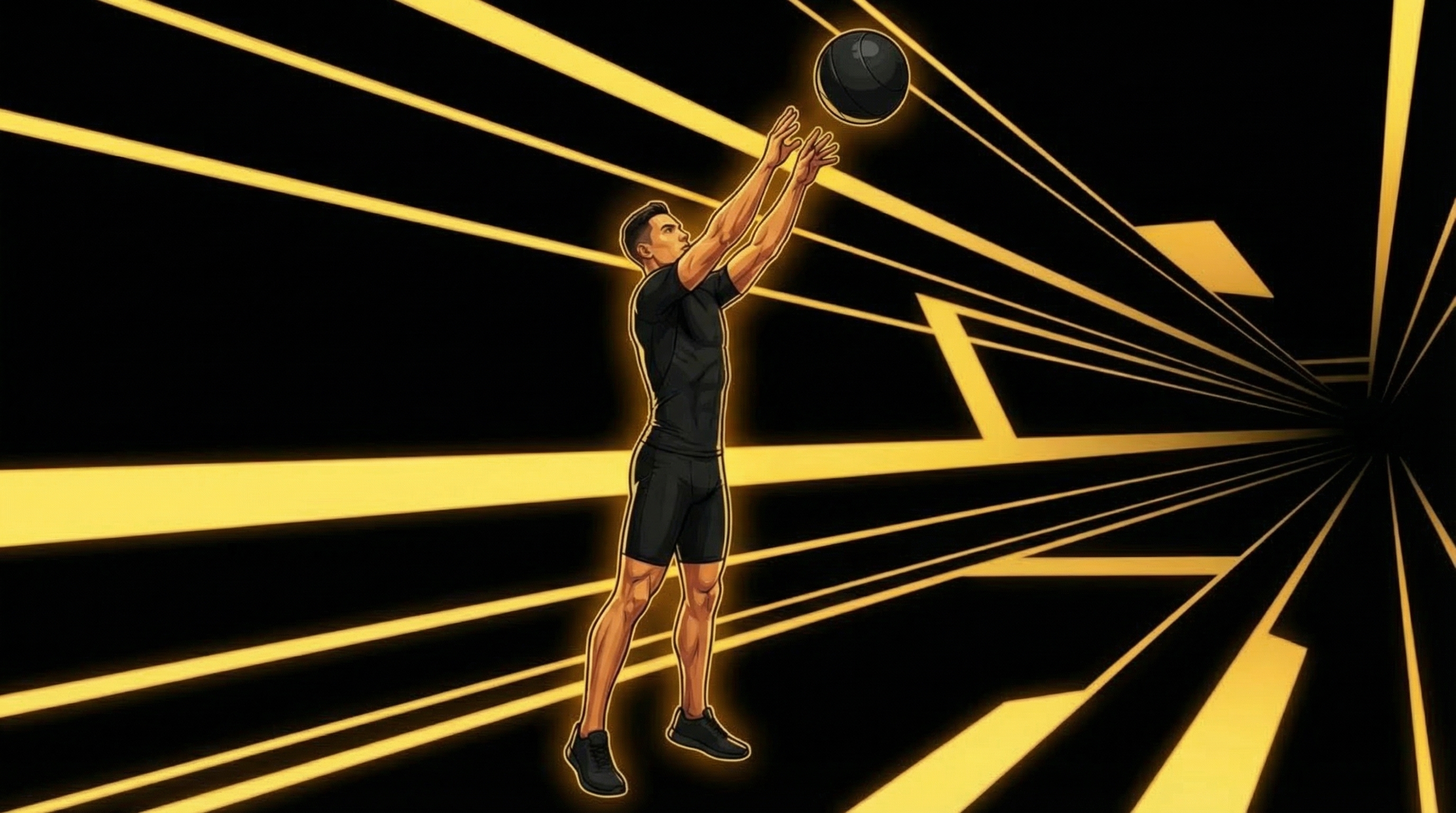 Male athlete releasing medicine ball upward at full arm extension during wall ball throw, ball at peak height